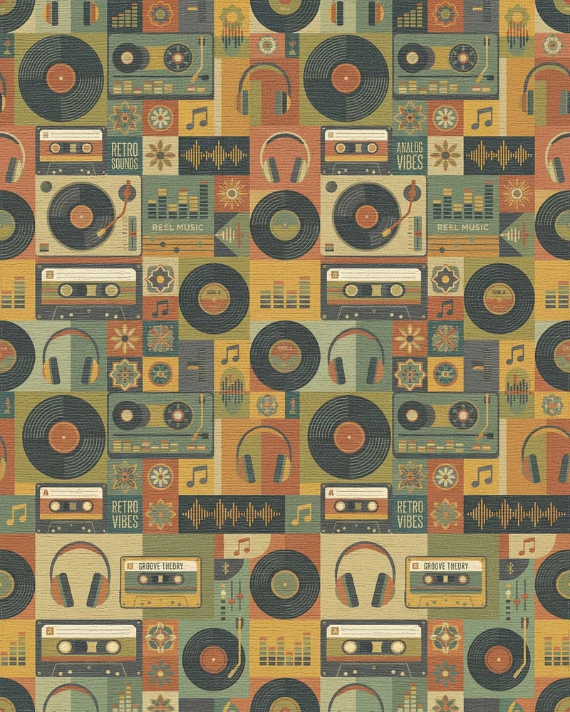 Retro Music Cassette Vinyl Headphone Collage Rug - Cutout View