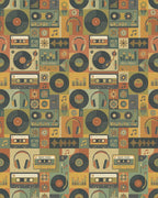 Retro Music Cassette Vinyl Headphone Collage Rug - Cutout View