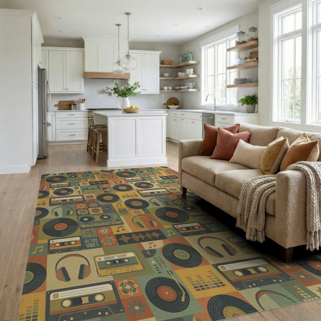 Retro Music Cassette Vinyl Headphone Collage Rug Living Room View