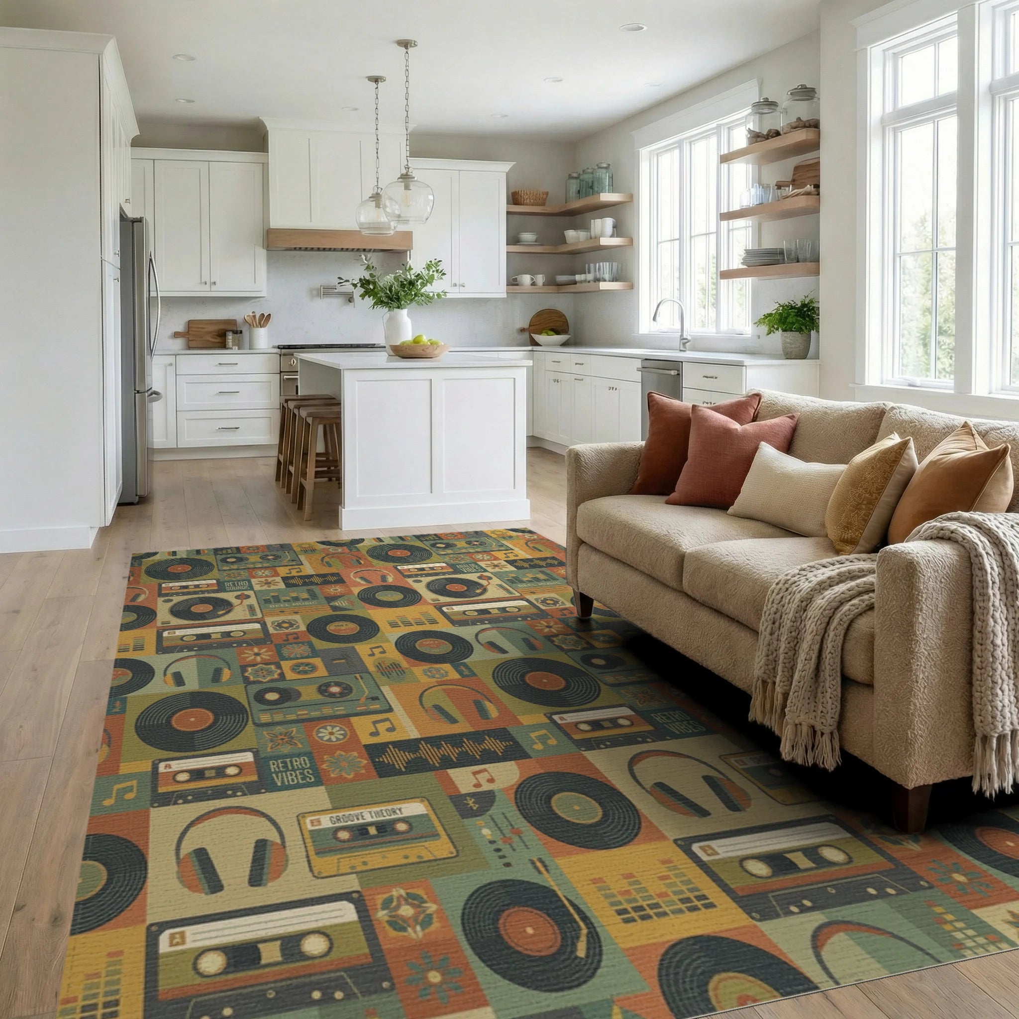 Retro Music Cassette Vinyl Headphone Collage Rug Living Room View