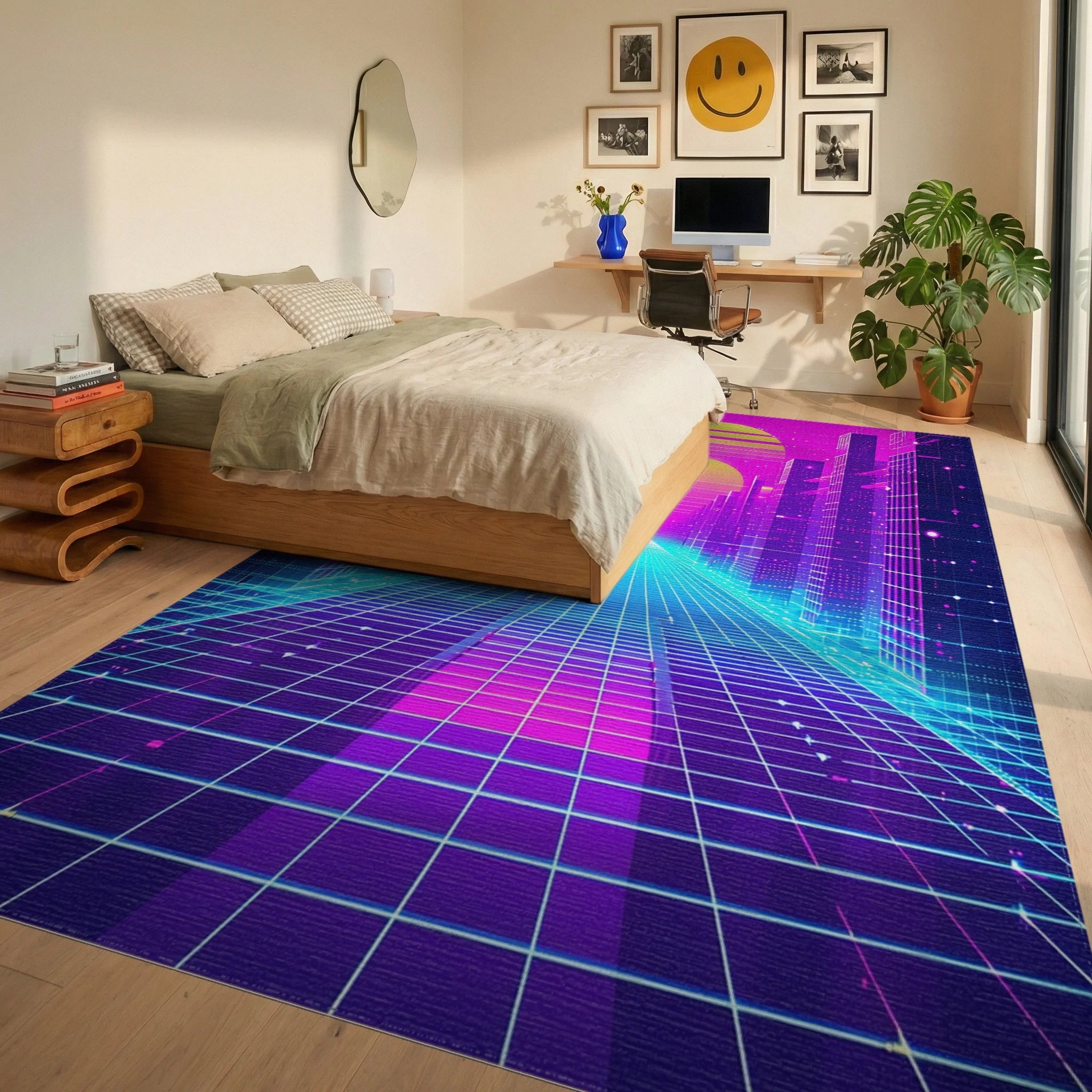 Retro Neon Grid Cityscape Sunset Rug - Bedroom View