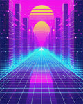 Retro Neon Grid Cityscape Sunset Rug - Cutout View