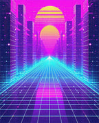 Retro Neon Grid Cityscape Sunset Rug - Cutout View