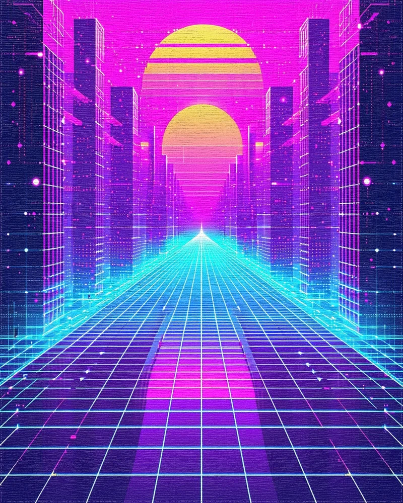 Retro Neon Grid Cityscape Sunset Rug - Cutout View