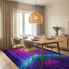 Retro Neon Grid Cityscape Sunset Rug - Dining Room View
