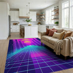 Retro Neon Grid Cityscape Sunset Rug - Living Room View