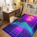 Retro Neon Grid Cityscape Sunset Rug - Office View