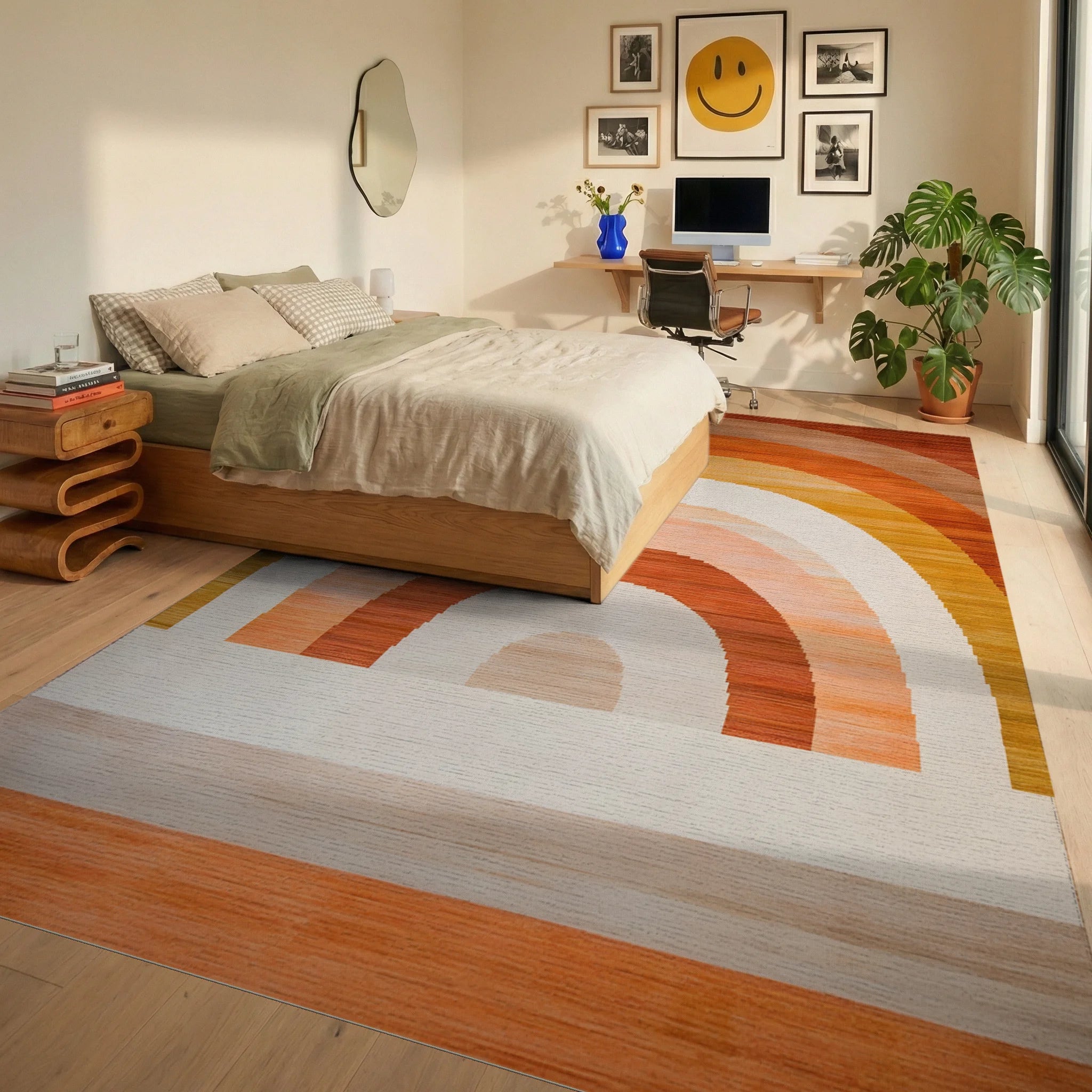 Retro Orange Arc Layered Rug - Bedroom View