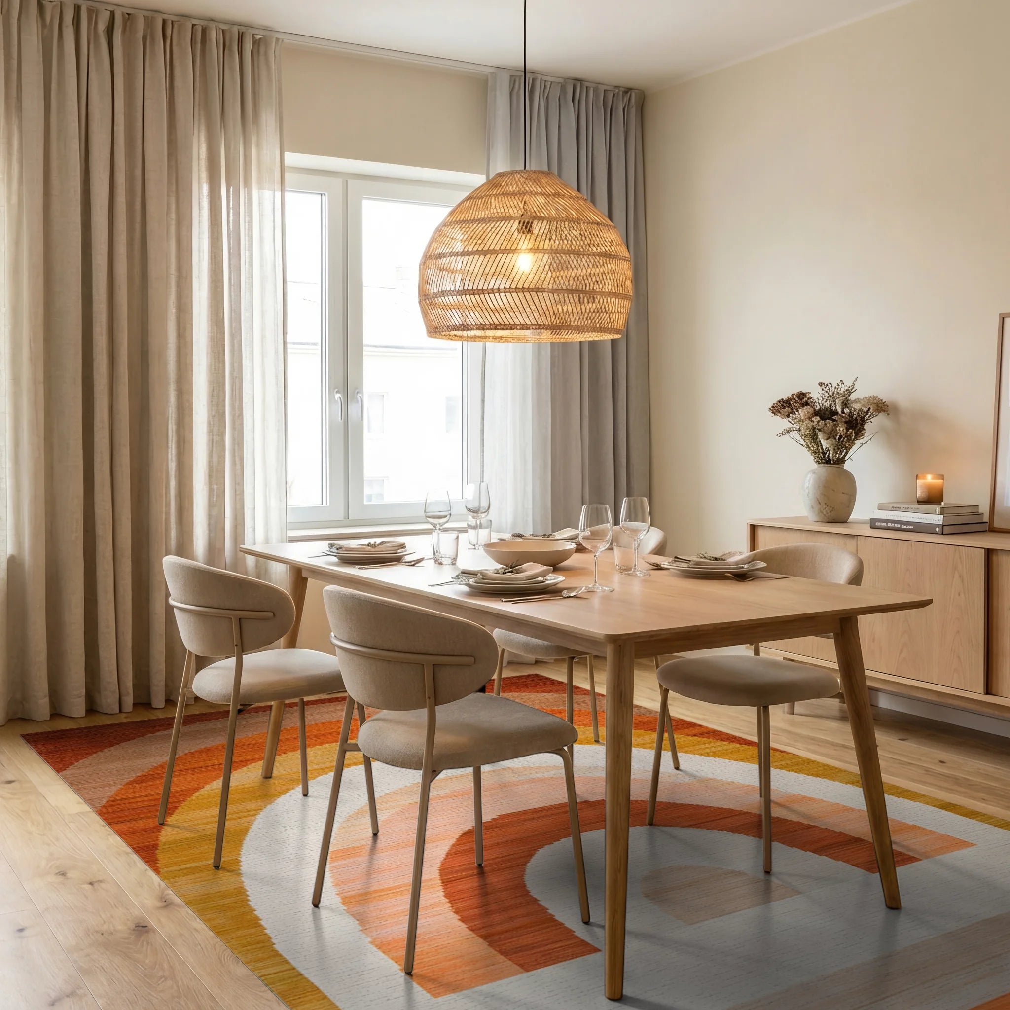 Retro Orange Arc Layered Rug - Dining Room View