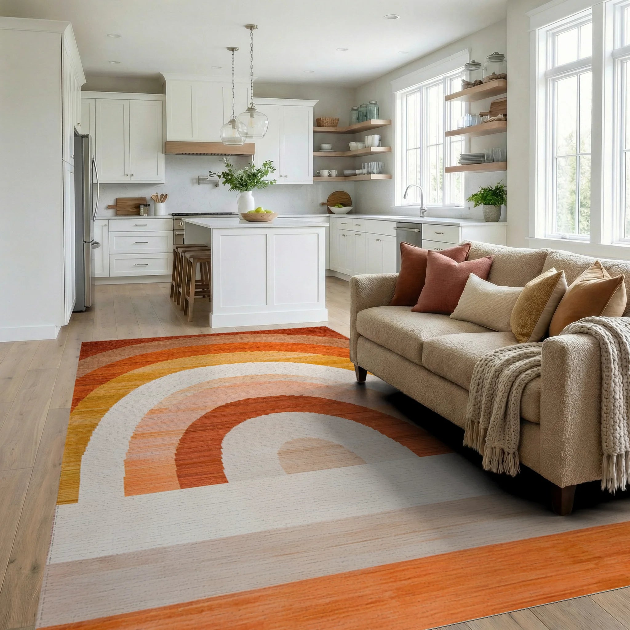 Retro Orange Arc Layered Rug - Living Room View