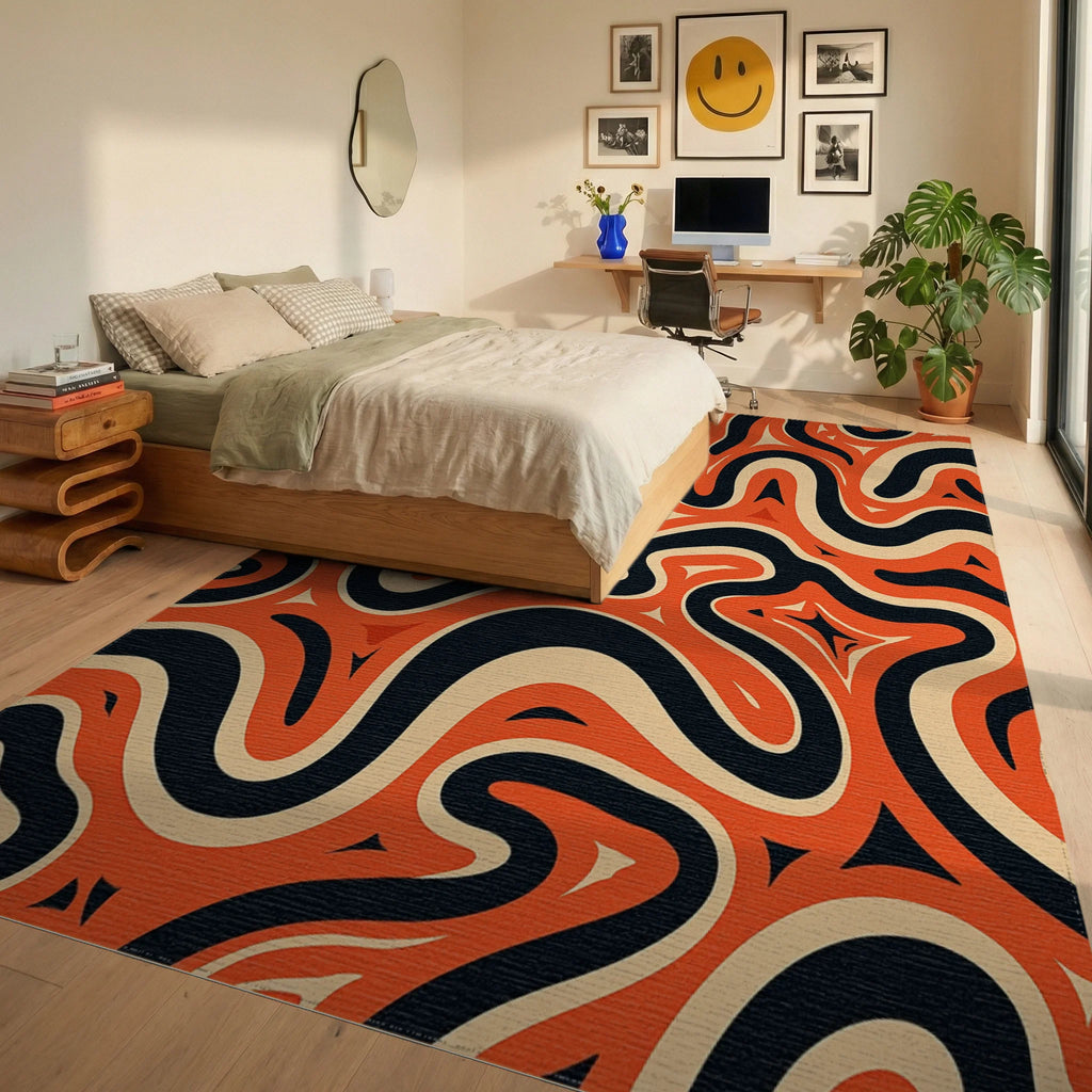 Retro Orange Black Swirls Design Rug Bedroom View