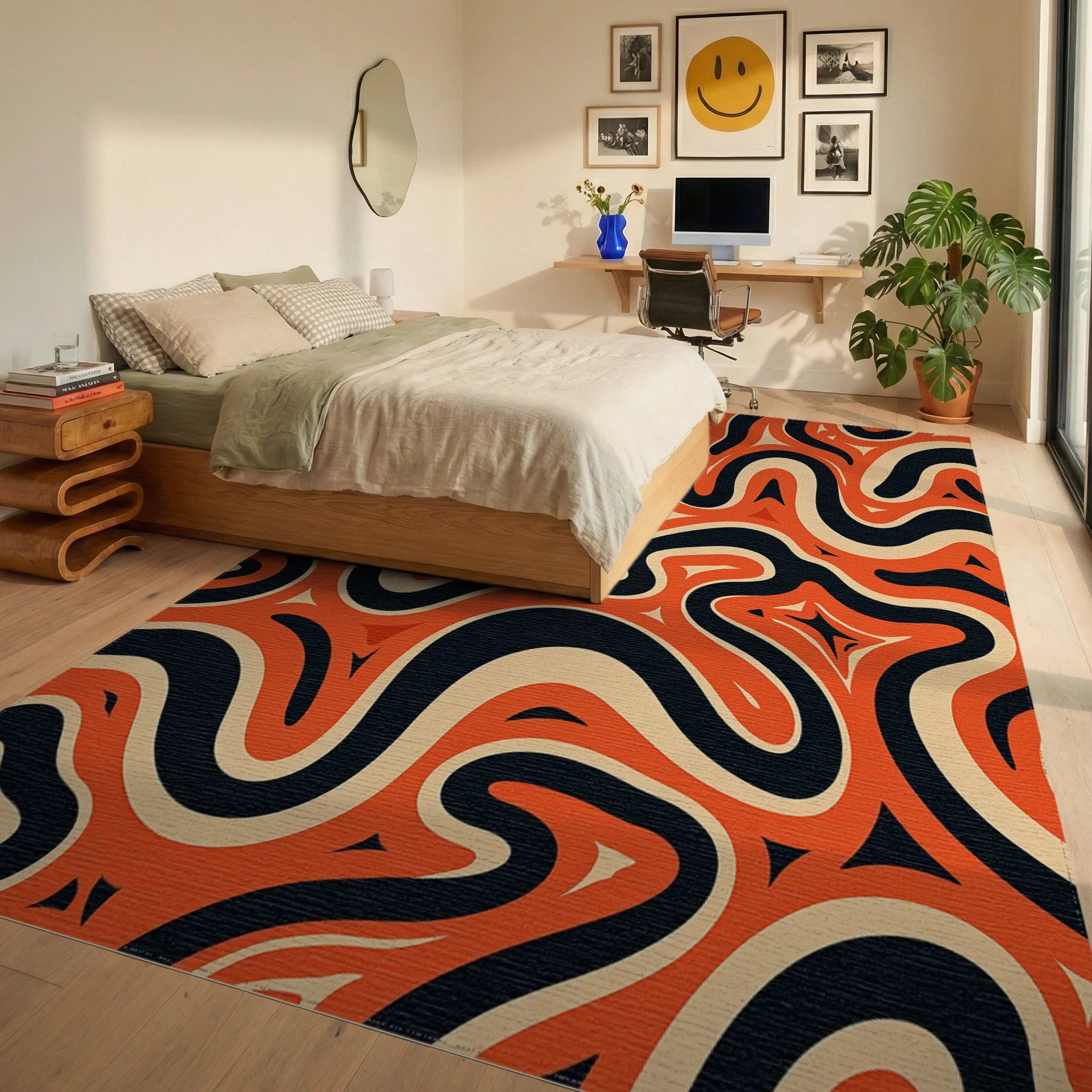 Retro Orange Black Swirls Design Rug Bedroom View