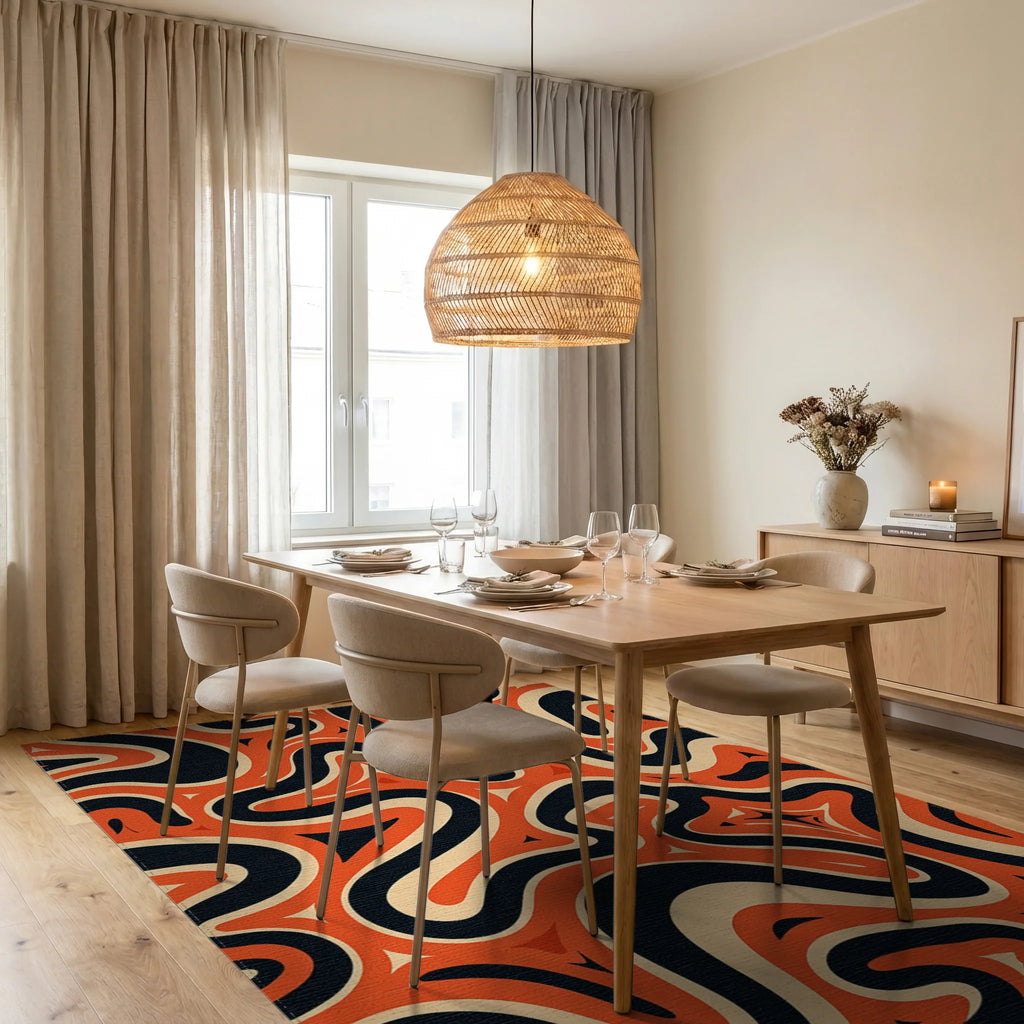 Retro Orange Black Swirls Design Rug Dining Room View