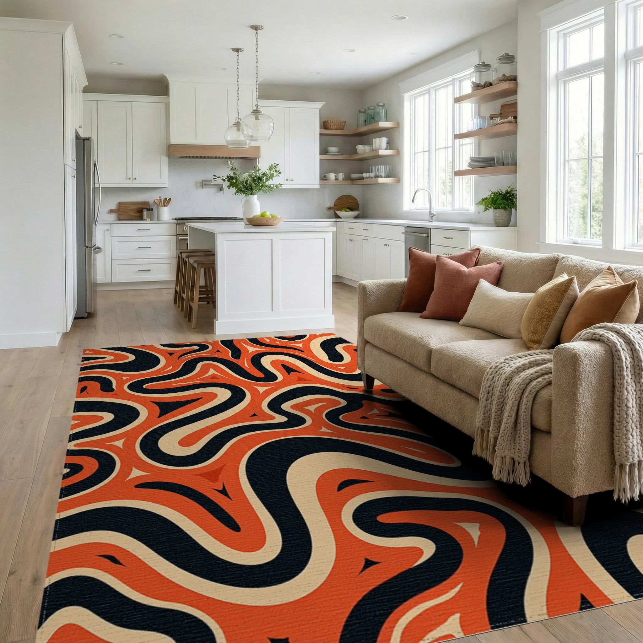 Retro Orange Black Swirls Design Rug Living Room View