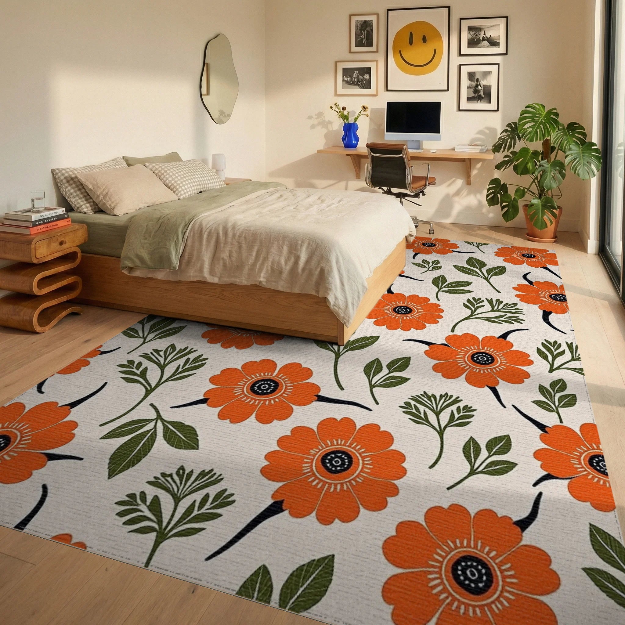 Retro Orange Flower Garden Rug - Bedroom View