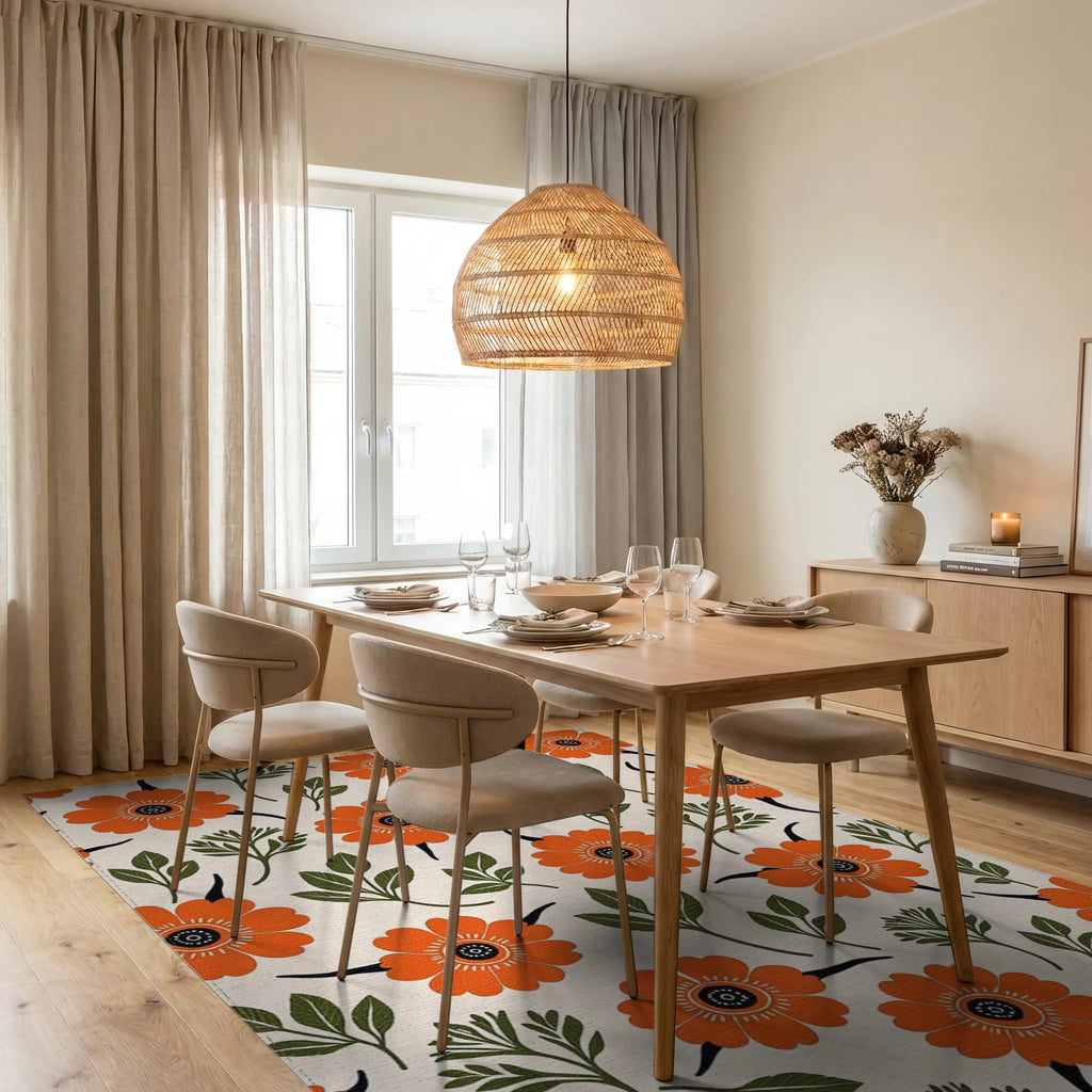 Retro Orange Flower Garden Rug - Dining Room View