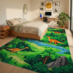 Retro Pixel Art Dinosaur Landscape Rug - Bedroom View