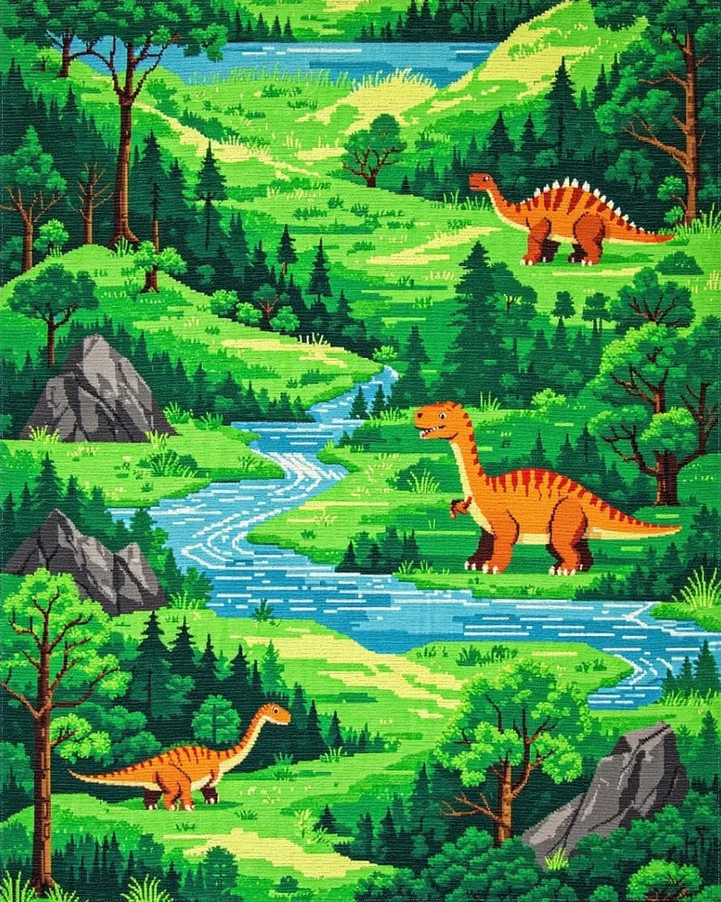 Retro Pixel Art Dinosaur Landscape Rug - Cutout View