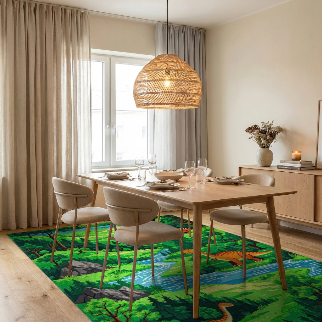 Retro Pixel Art Dinosaur Landscape Rug - Dining Room View