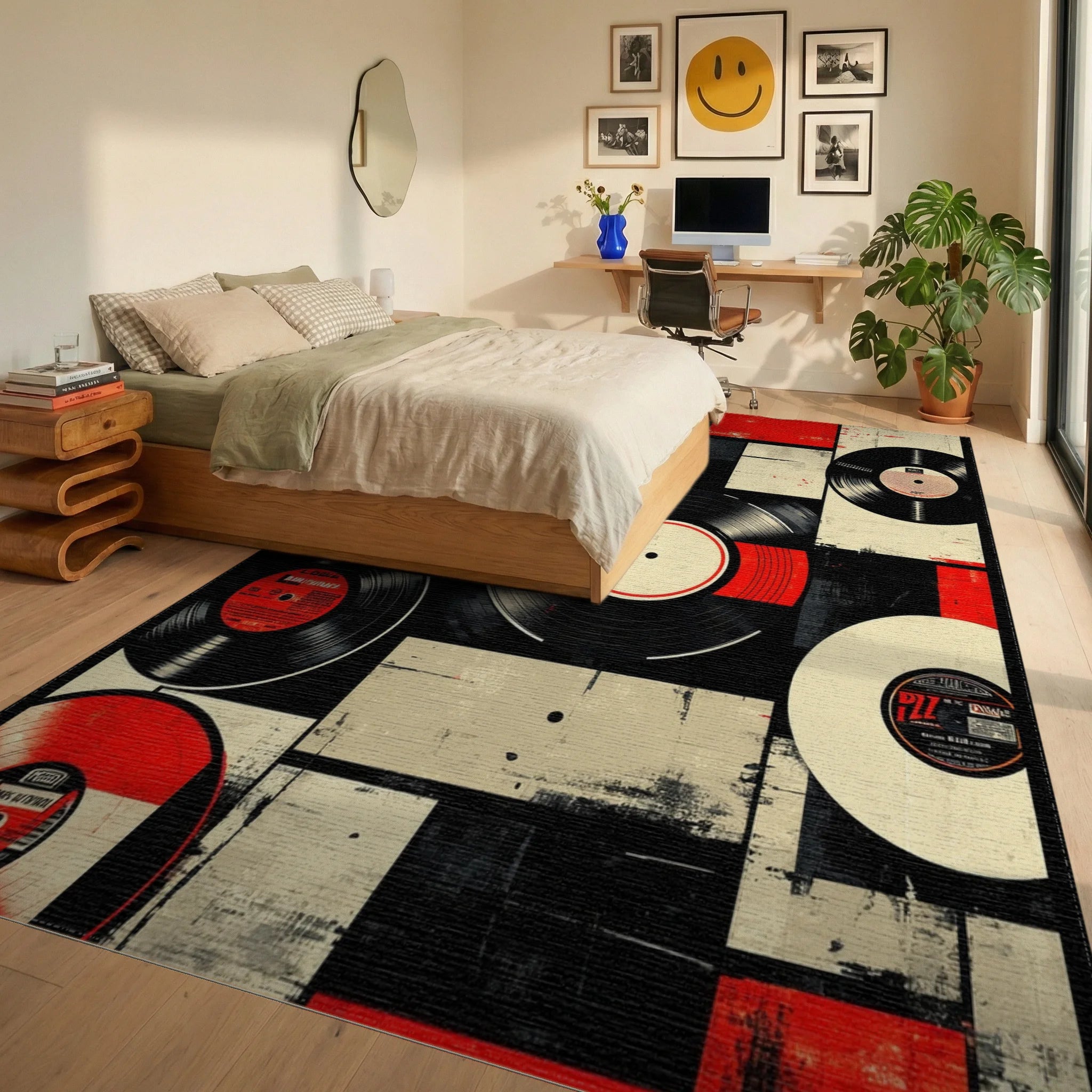Retro Red Black Vinyl Record Collage Rug Bedroom View