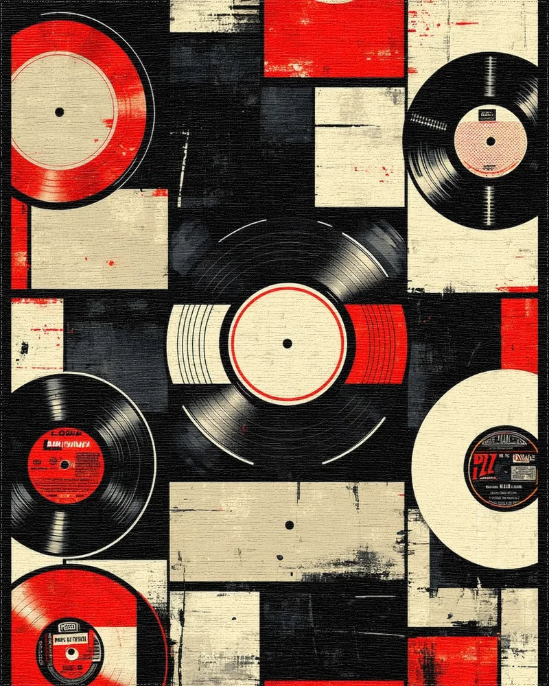 Retro Red Black Vinyl Record Collage Rug - Cutout View