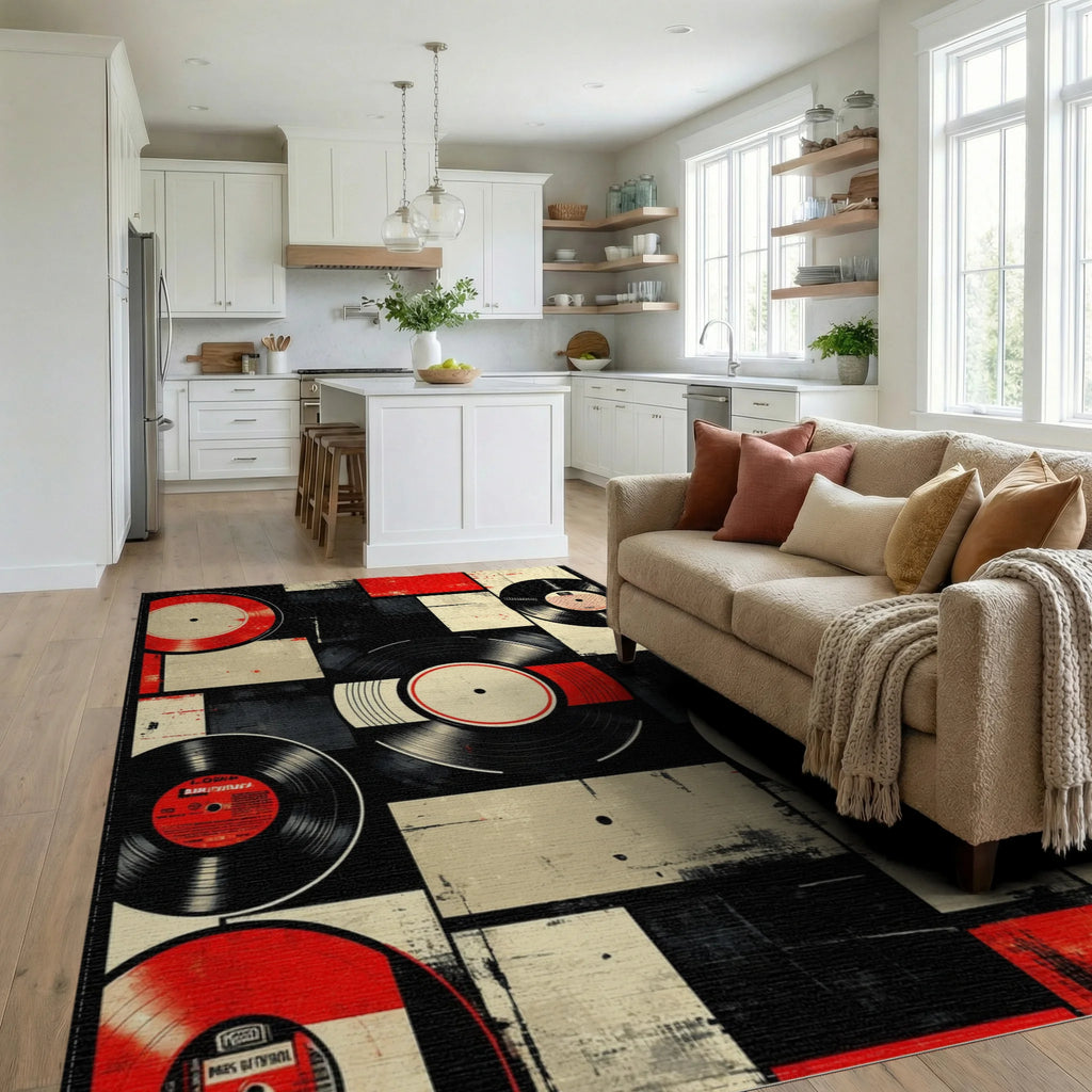 Retro Red Black Vinyl Record Collage Rug Living Room View