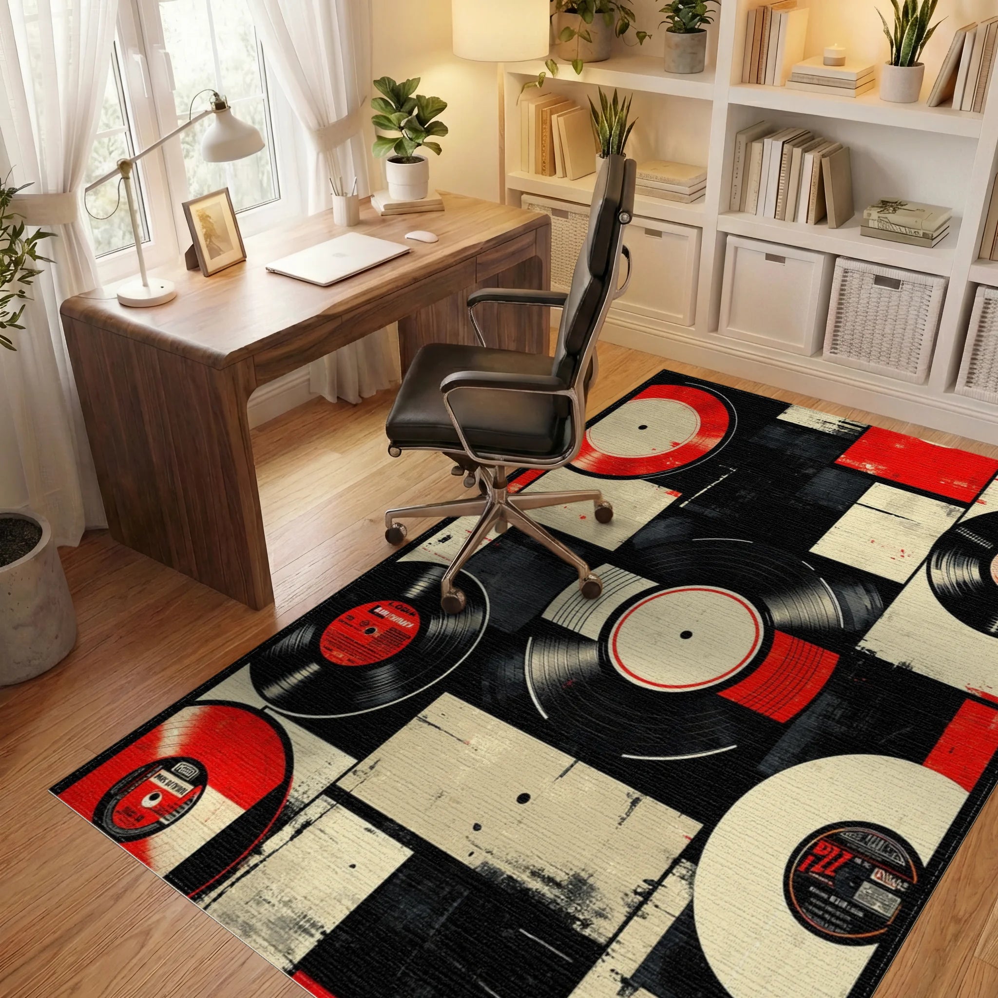Retro Red Black Vinyl Record Collage Rug Office View