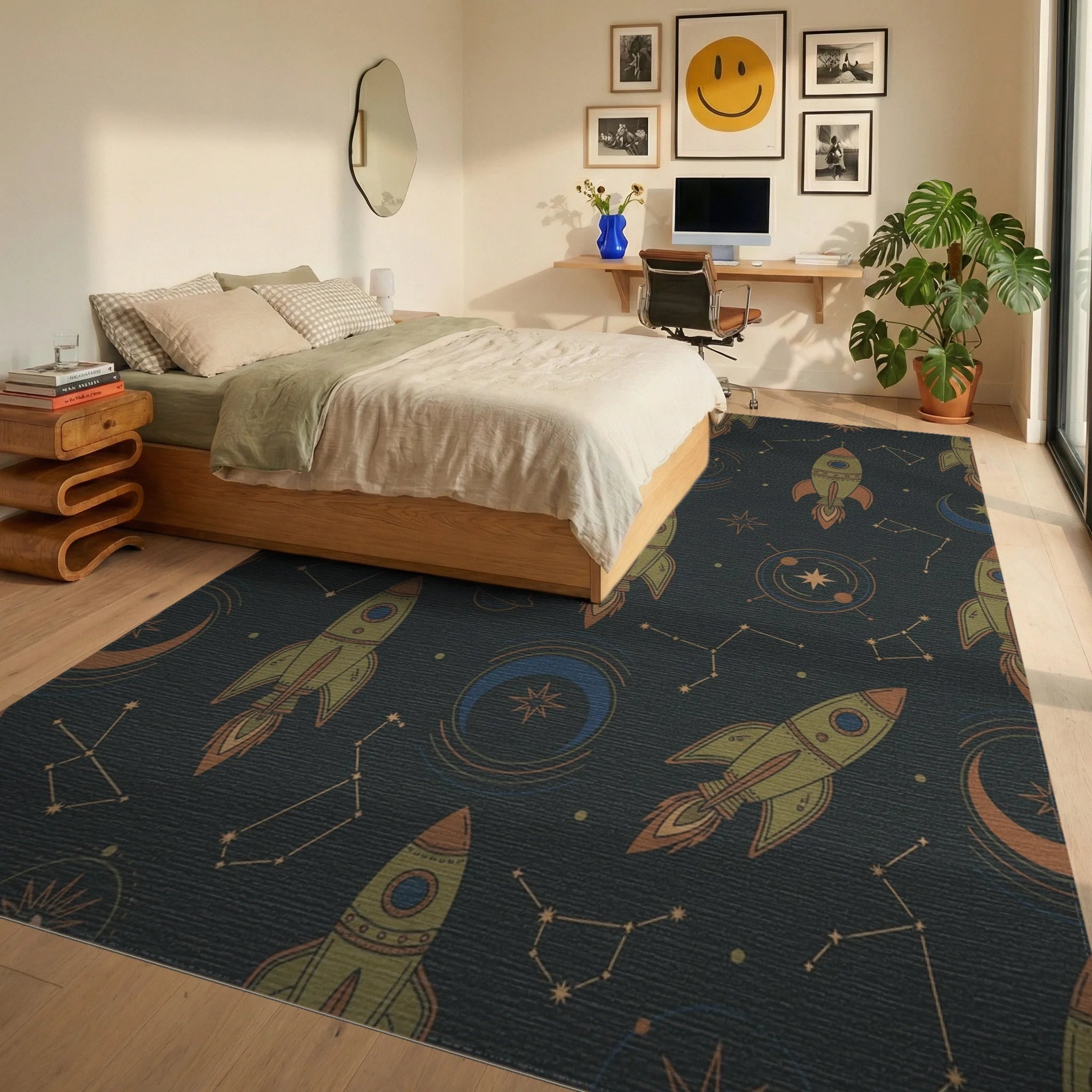 Retro Space Rocket Constellation Journey Rug Bedroom View