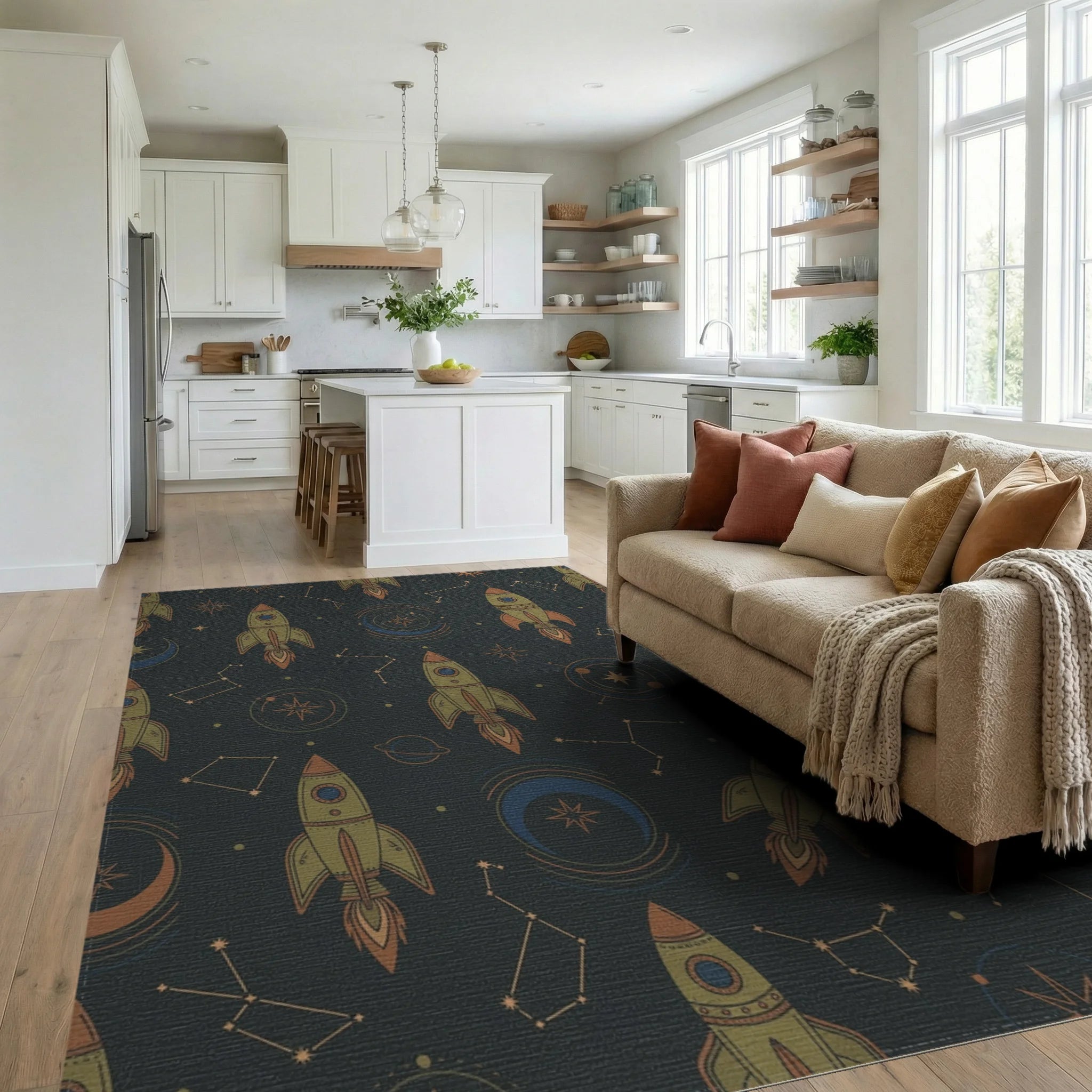 Retro Space Rocket Constellation Journey Rug Living Room View