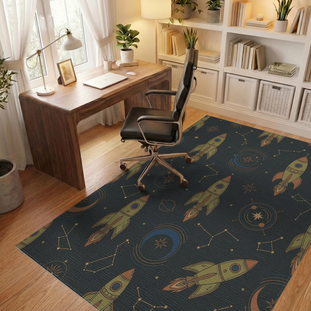 Retro Space Rocket Constellation Journey Rug Office View