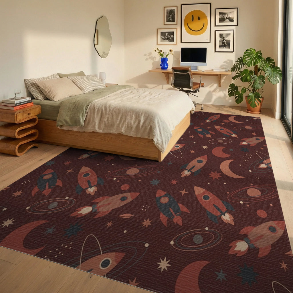 Retro Space Rockets and Moons Rug Bedroom View