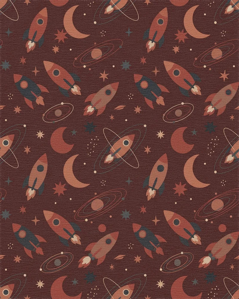 Retro Space Rockets and Moons Rug - Cutout View