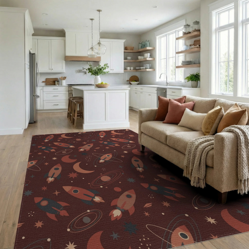 Retro Space Rockets and Moons Rug Living Room View