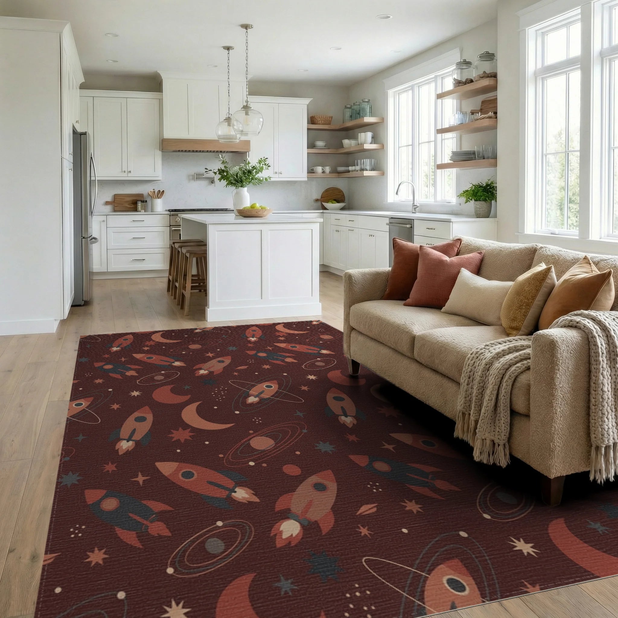 Retro Space Rockets and Moons Rug Living Room View