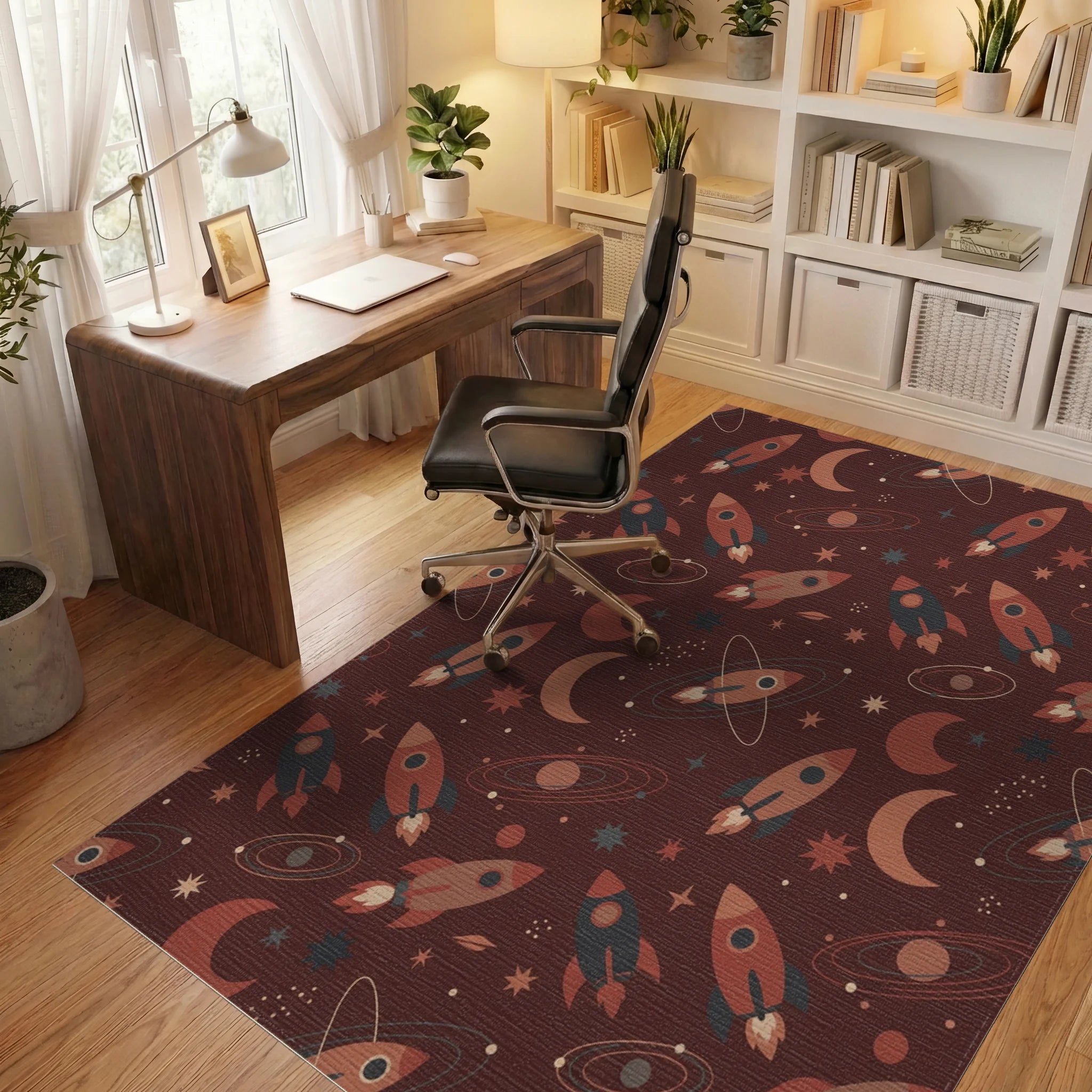 Retro Space Rockets and Moons Rug Office View