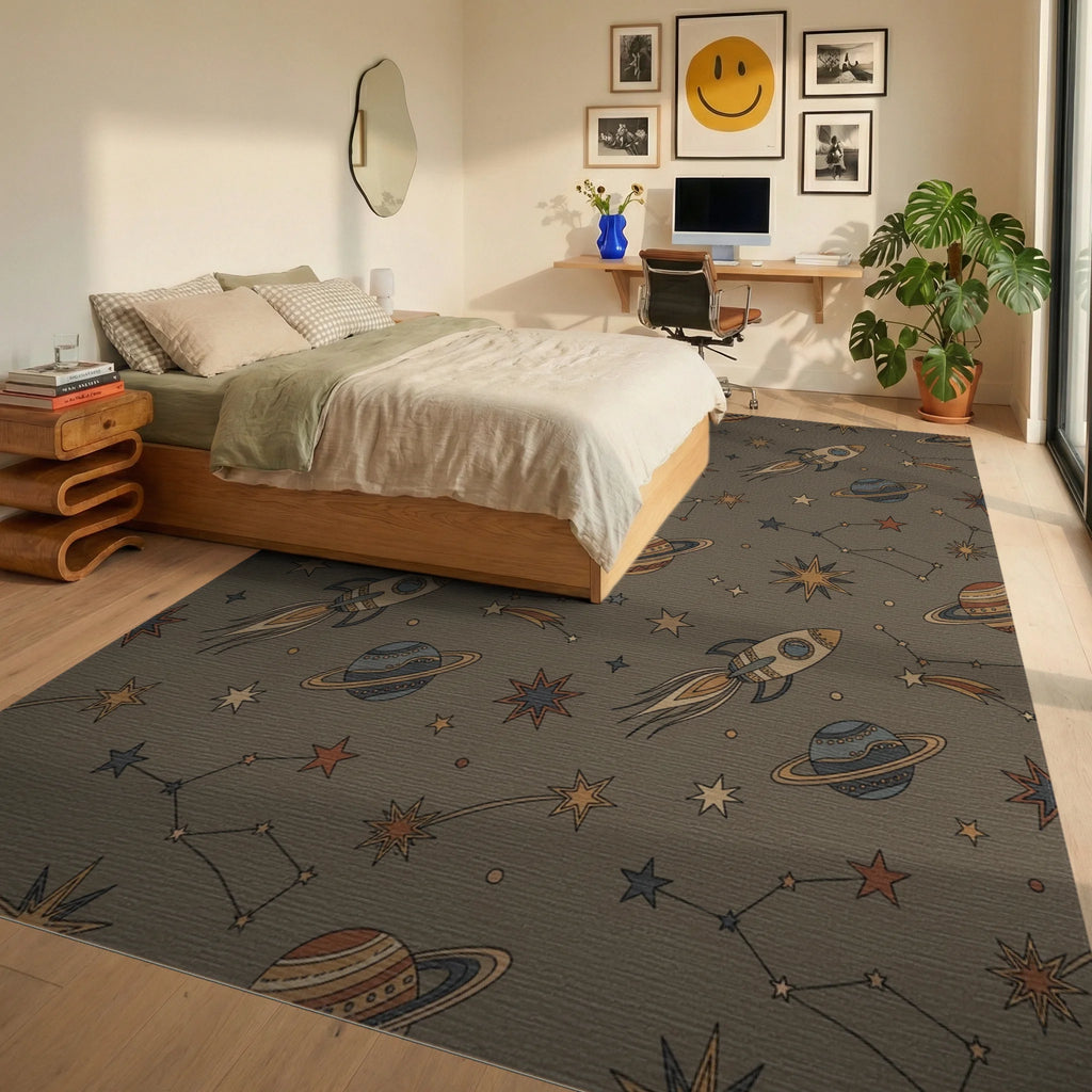 Retro Space Rockets and Planets Rug Bedroom View