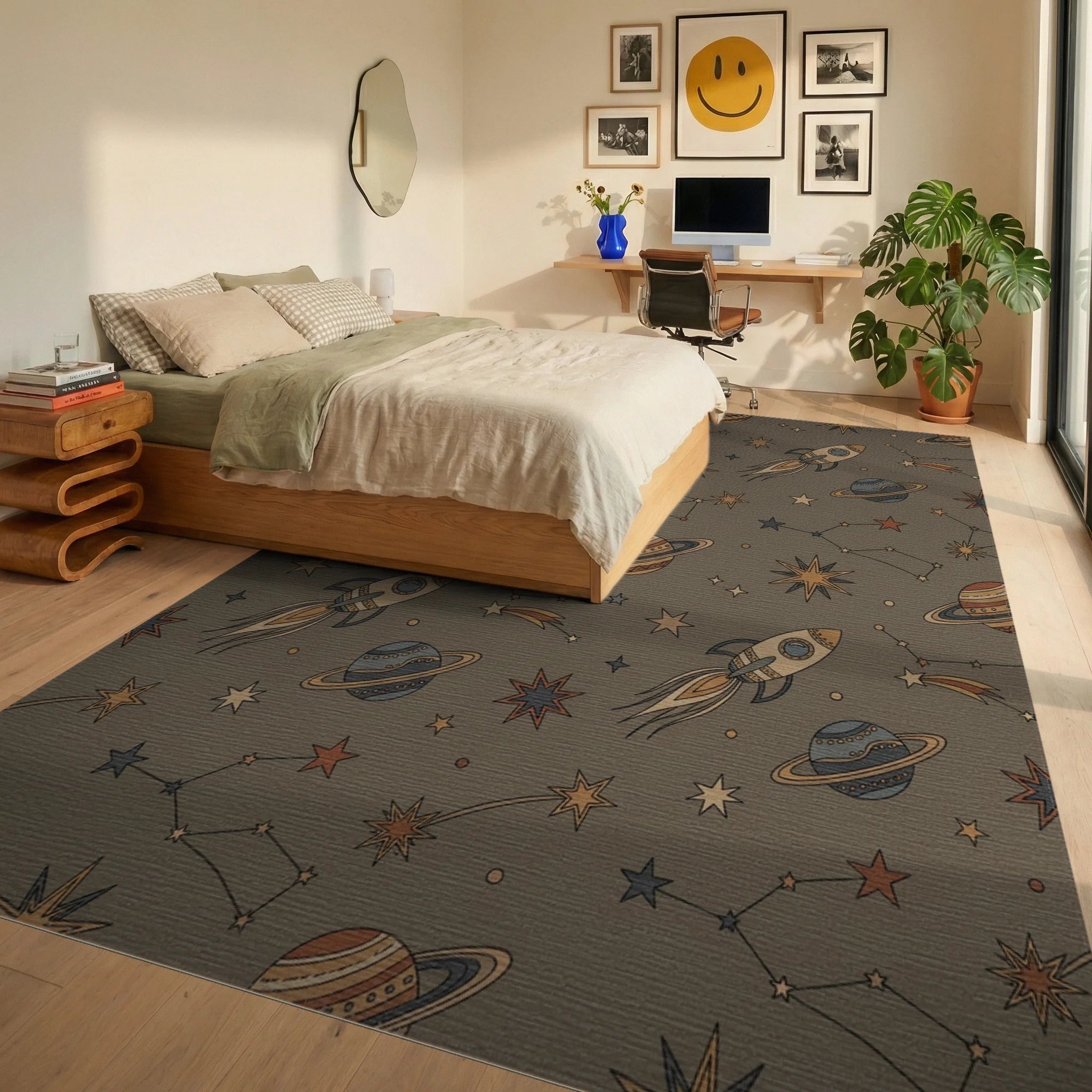 Retro Space Rockets and Planets Rug Bedroom View
