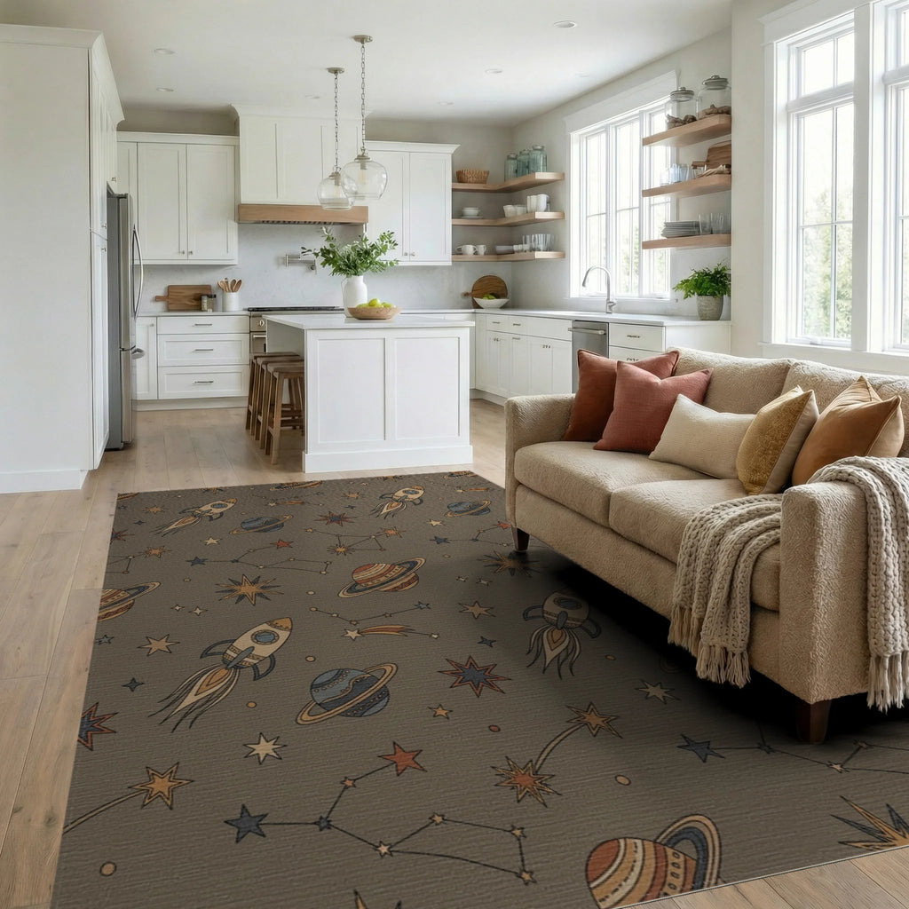 Retro Space Rockets and Planets Rug Living Room View