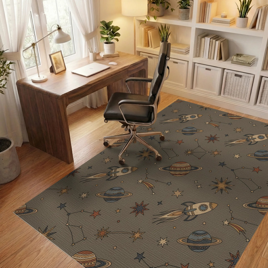Retro Space Rockets and Planets Rug Office View