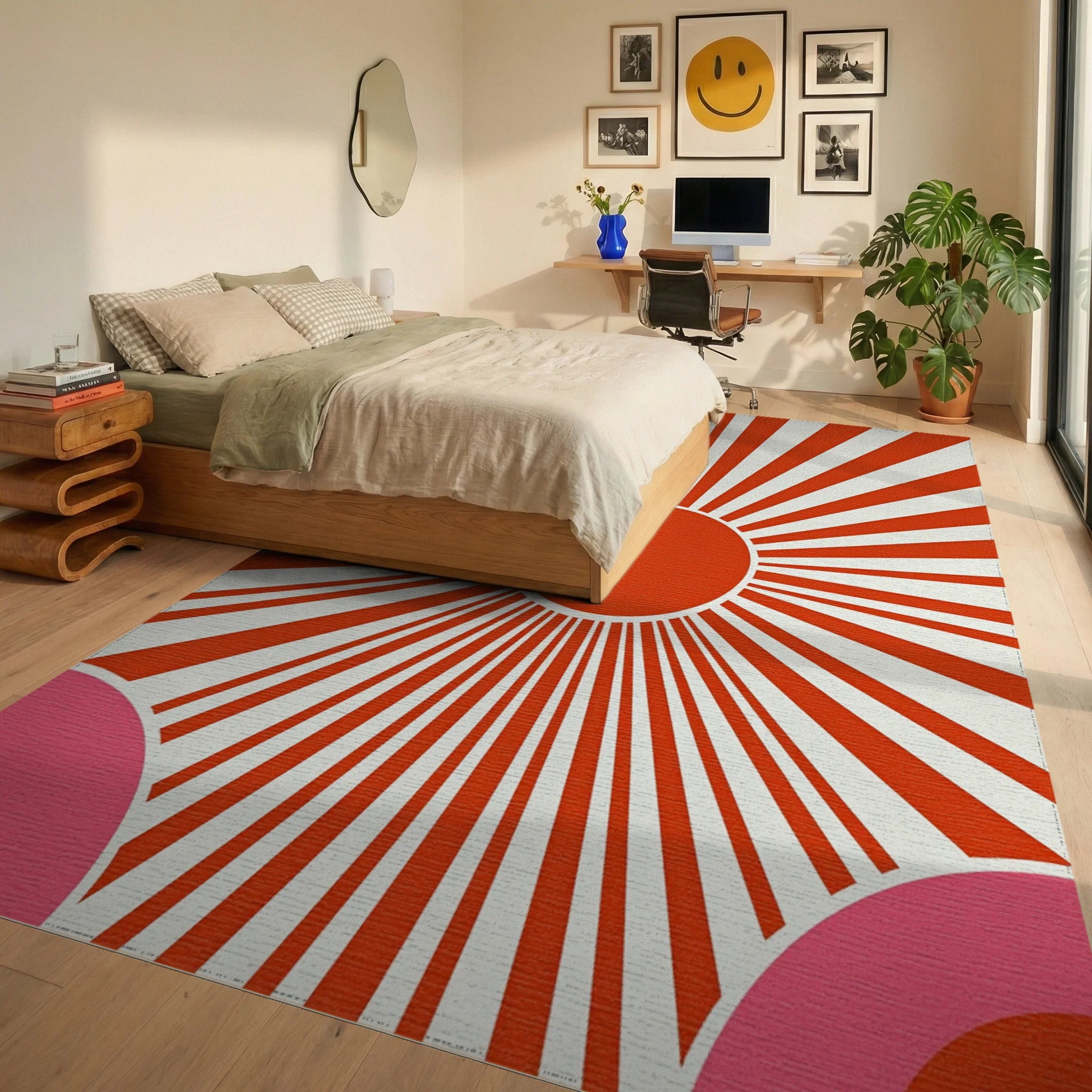 Retro Sunburst Pink Arc Design Rug Bedroom View