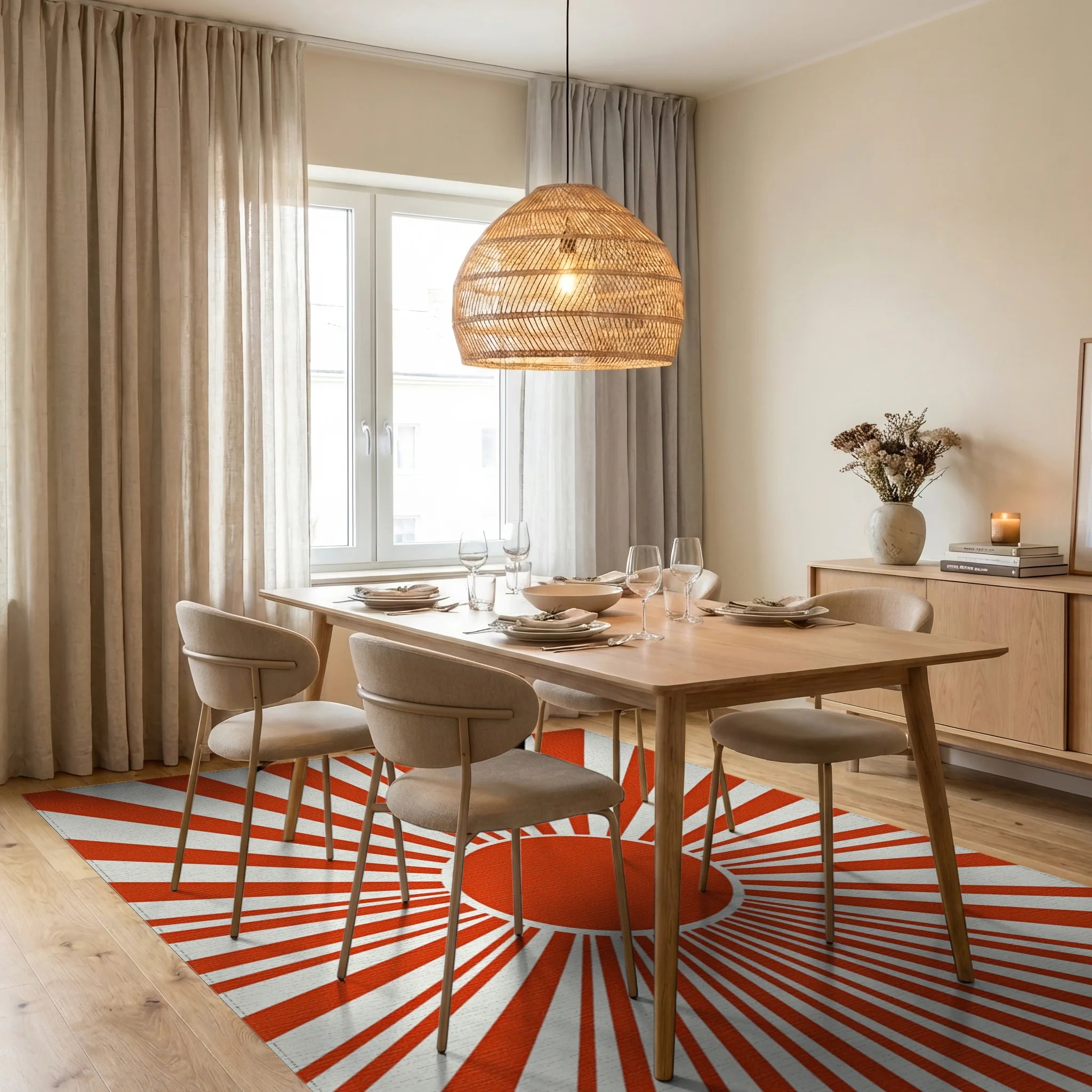 Retro Sunburst Pink Arc Design Rug Dining Room View