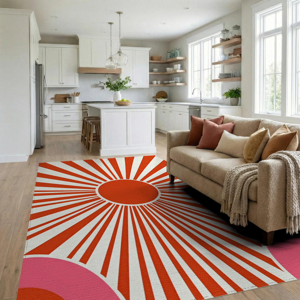 Retro Sunburst Pink Arc Design Rug Living Room View