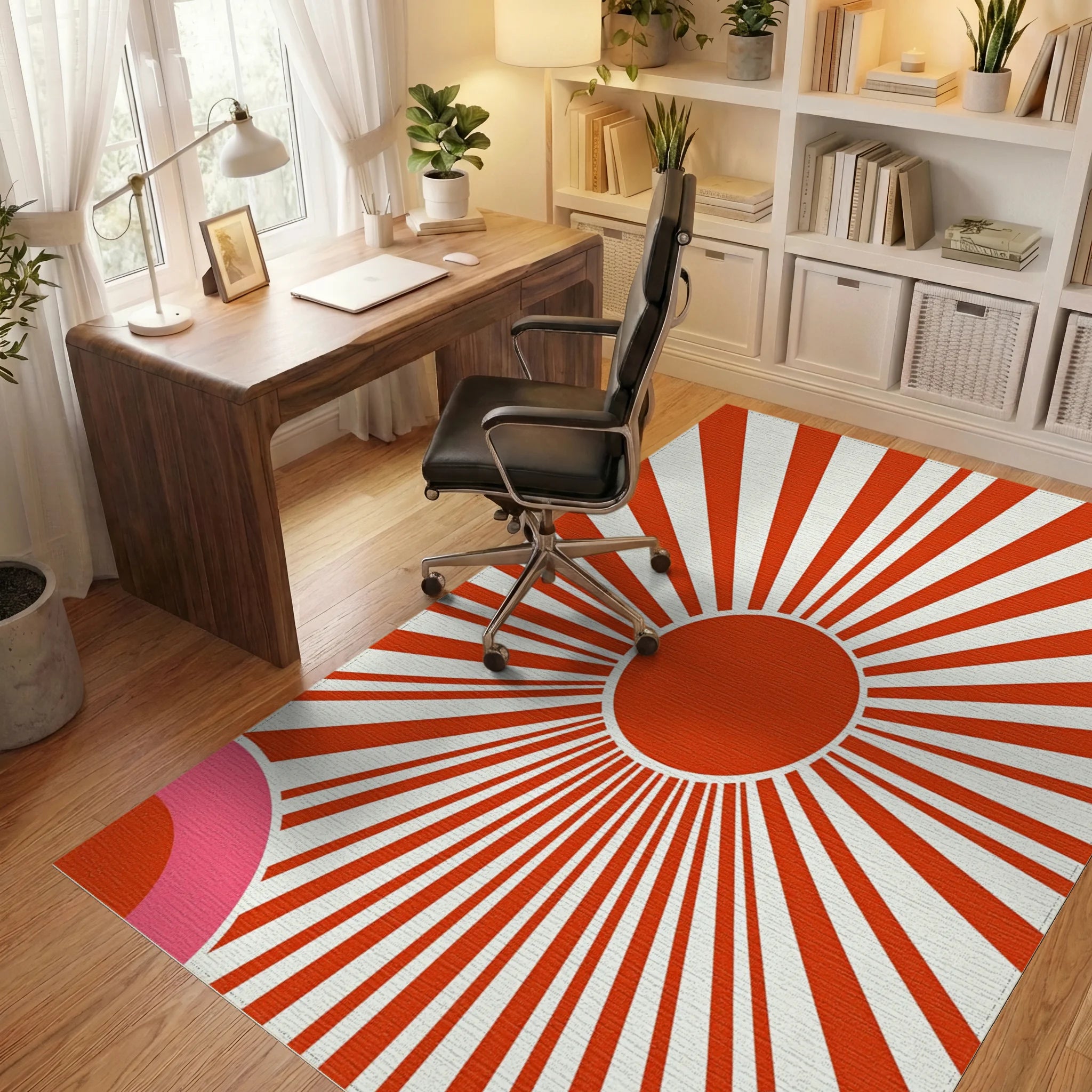 Retro Sunburst Pink Arc Design Rug Office View