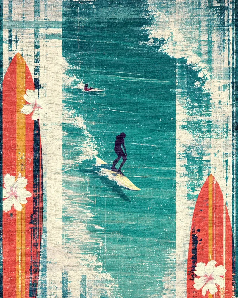 Retro Surfboard Ocean Waves Rug - Cutout View