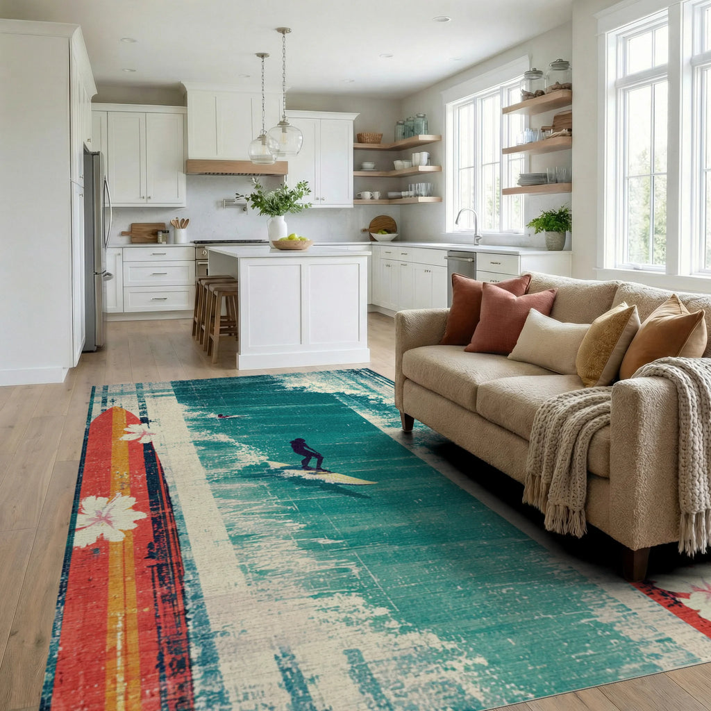 Retro Surfboard Ocean Waves Rug Living Room View