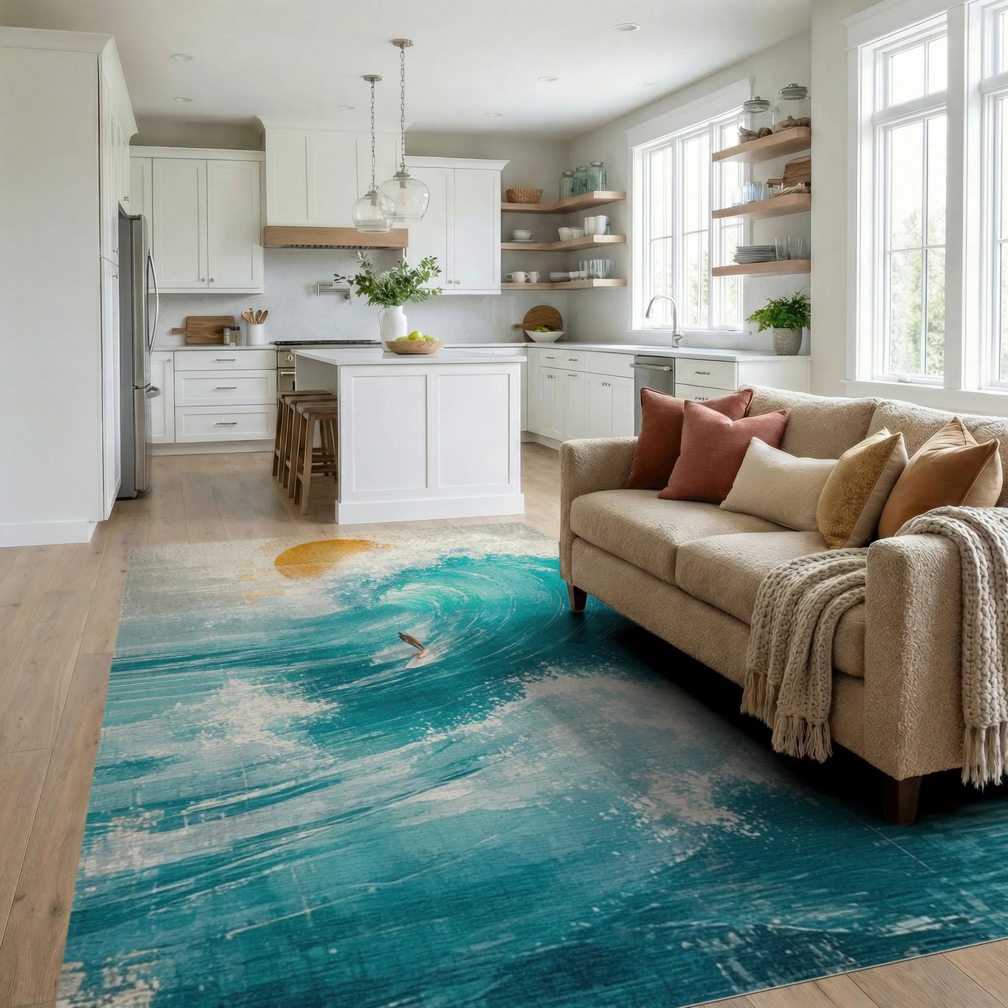 Retro Surfer Ocean Sunset Rug - Living Room View
