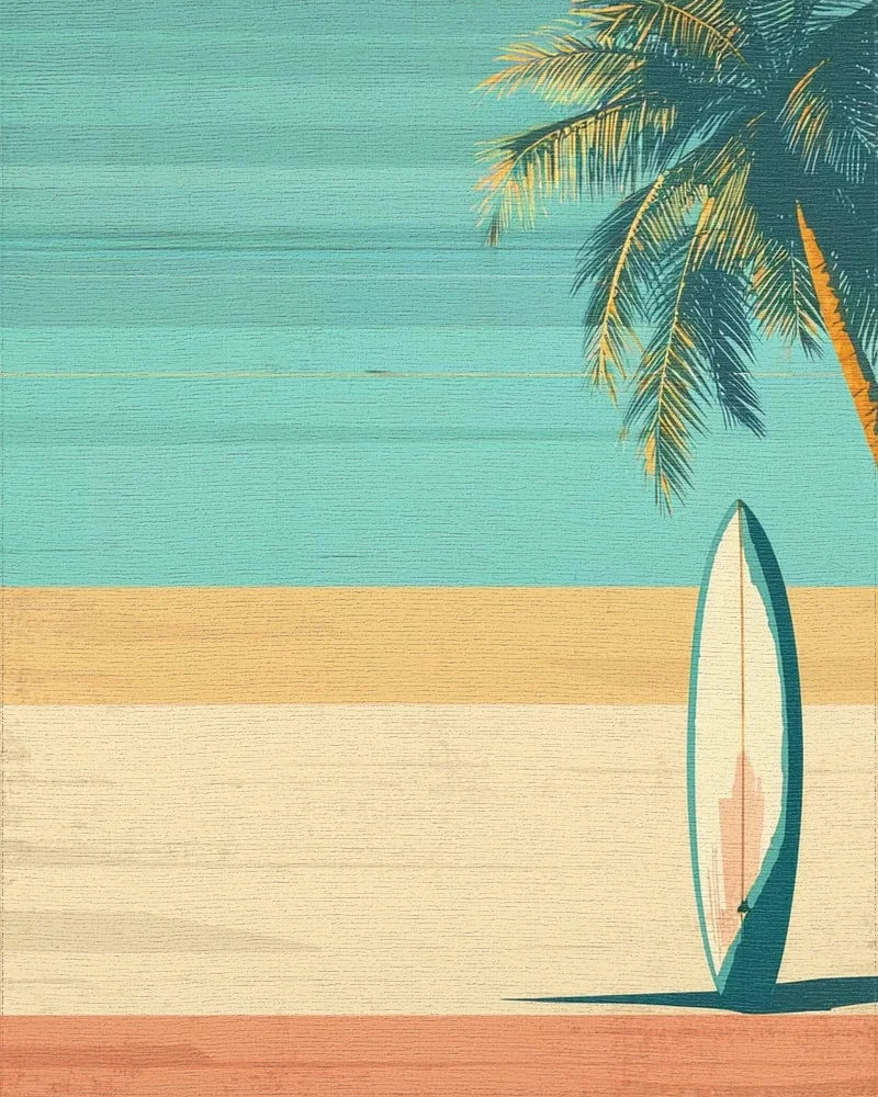 Retro Teal Palm Surfboard Rug - Cutout View