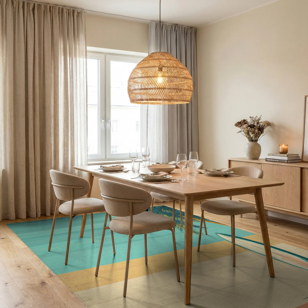 Retro Teal Palm Surfboard Rug - Dining Room View