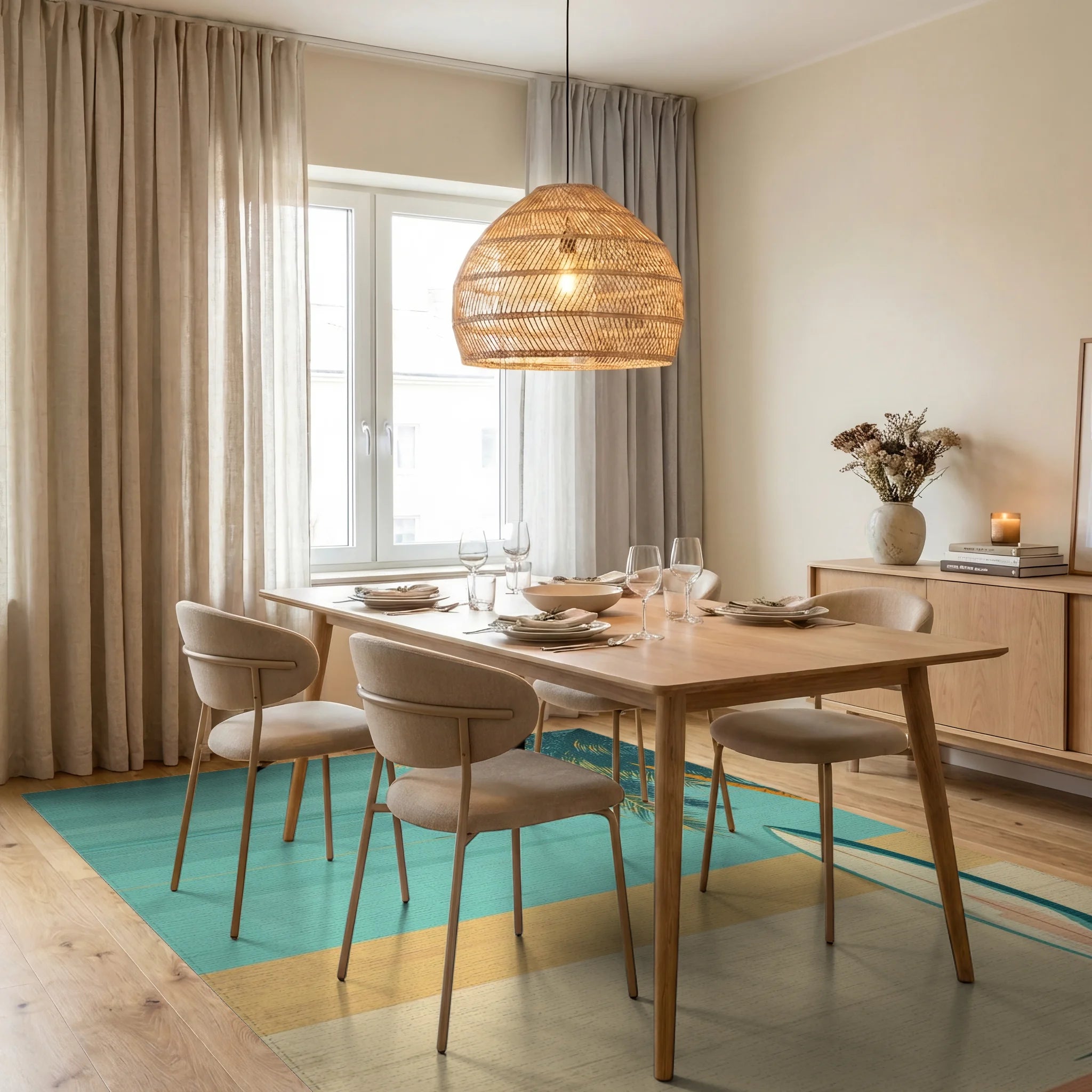 Retro Teal Palm Surfboard Rug - Dining Room View