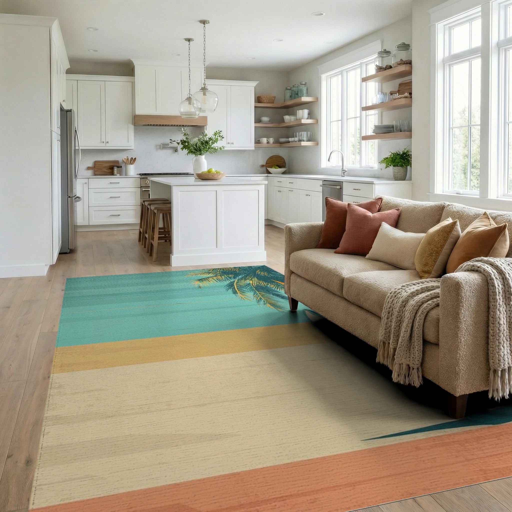 Retro Teal Palm Surfboard Rug - Living Room View
